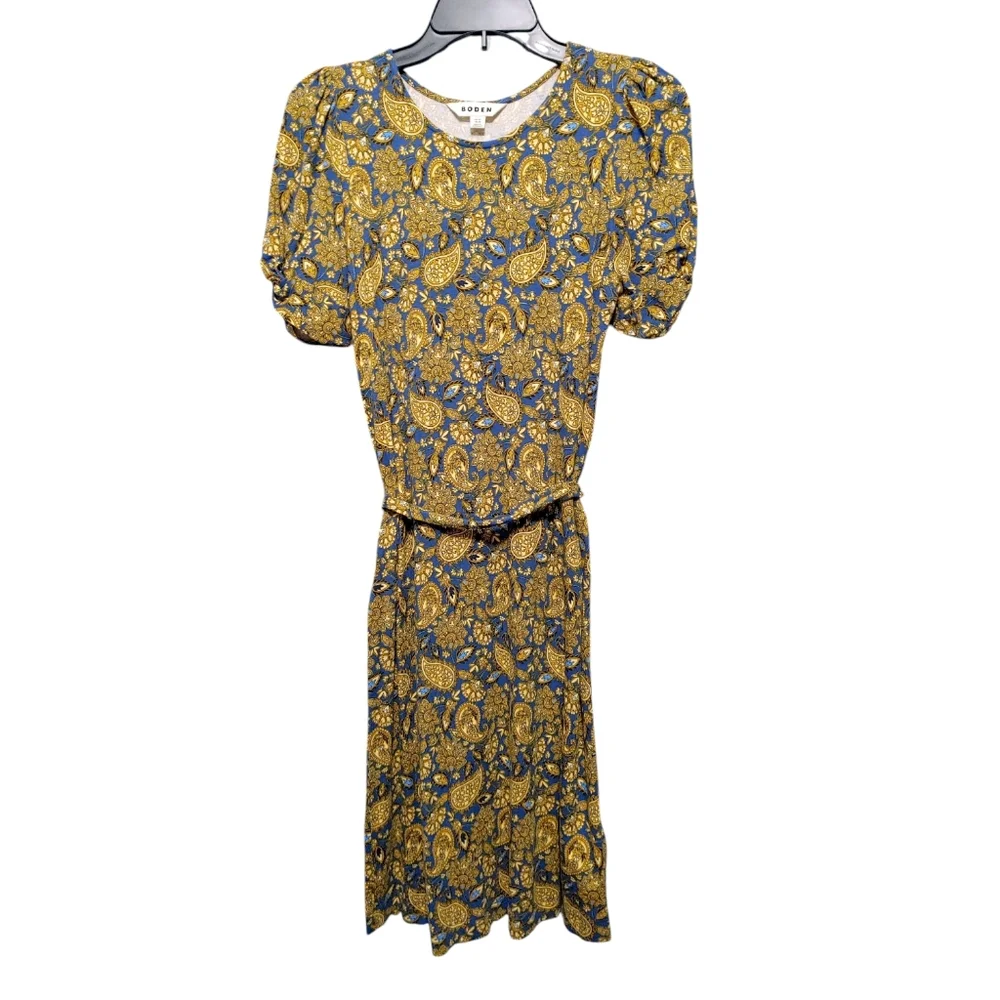 Boden Blue Mustard Yellow Paisley Belted Poof Sleeve Mini Dress Women's Size 4 - Picture 6 of 13